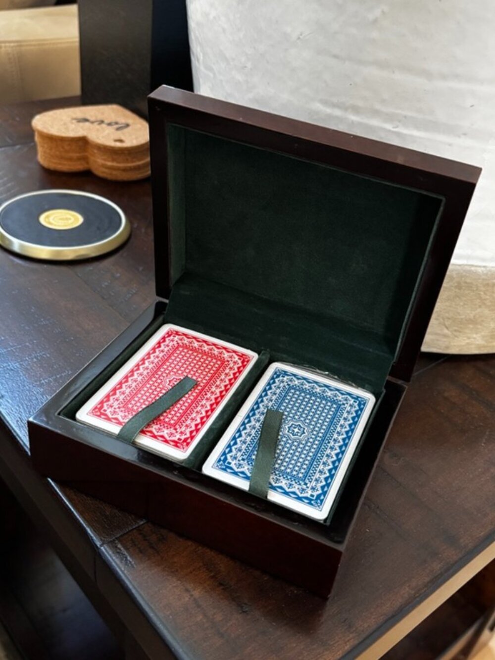 Wooden Double Deck Playing Card Box Brass Suit Inlay Cards Included